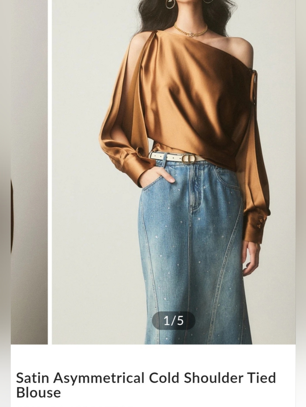 Satin Asymmetrical Cold Shoulder Tied Blouse - Bronze SIZE L